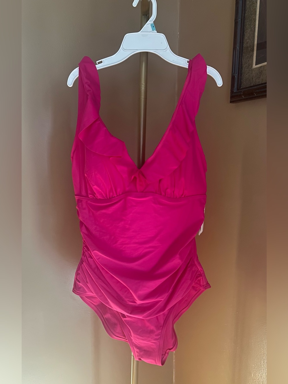 DKNY Hot Pink Ruffle V-Neck One-Piece Swimsuit